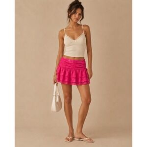 Hot Pink Floral Lace‎ Tiered Ruffle Mini Skirt Ruched Y2K Style Size L